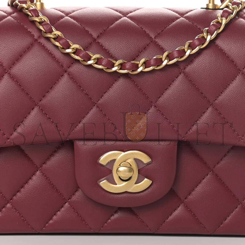 Ch**el lambskin quilted mini top handle rectangular flap burgundy (20*12*6cm)